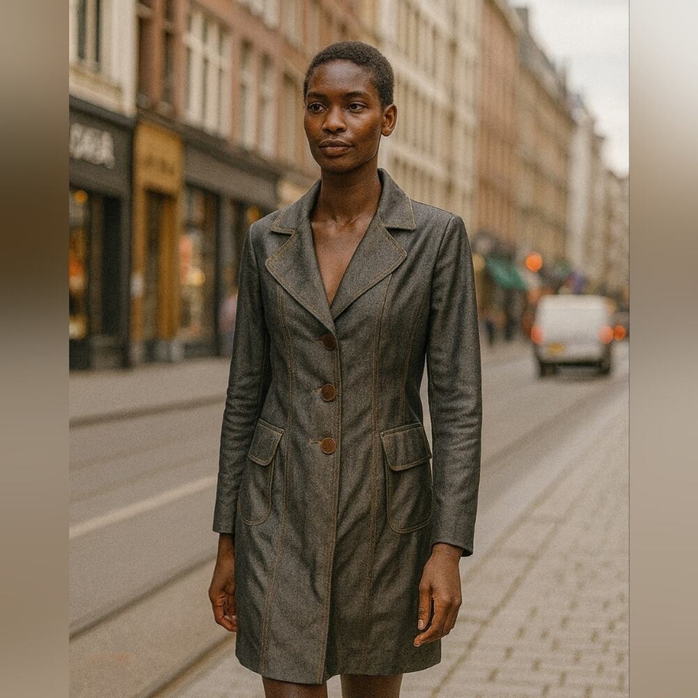 Cache Luxe Shimmering Charcoal Knee High Trench Coat with Copper Accents Sz M